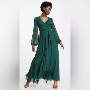ASOS wrap waist maxi dress with double layer skirt in forest green